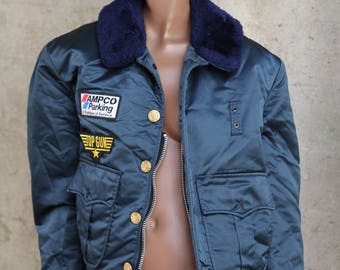 1980s James Dean Bomber Jacket Top Gun Patch 1980s Best Blue Aviator Flight Jacket Hipster Unique Ampco Parking Urban Worker Jacket 50s