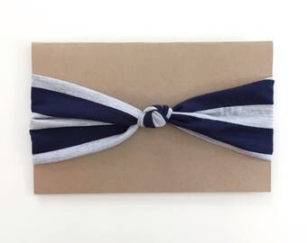 Bandeau à noeud rayures grises et marines - Navy and grey stripes knot headband