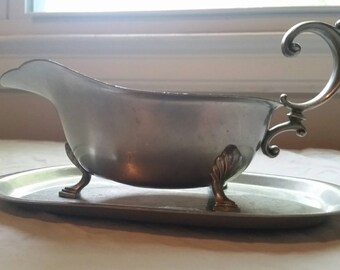 Footed Pewter Gravy Boat on Tray
