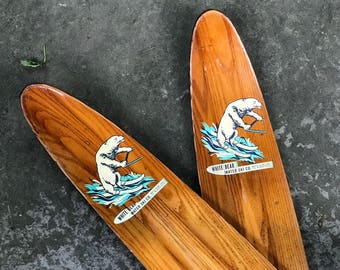 water skis ~ White Bear skis ~ wooden water skis ~ White Bear Minnesota ~ vintage wood water ski ~ oak skis ~ lake house decor