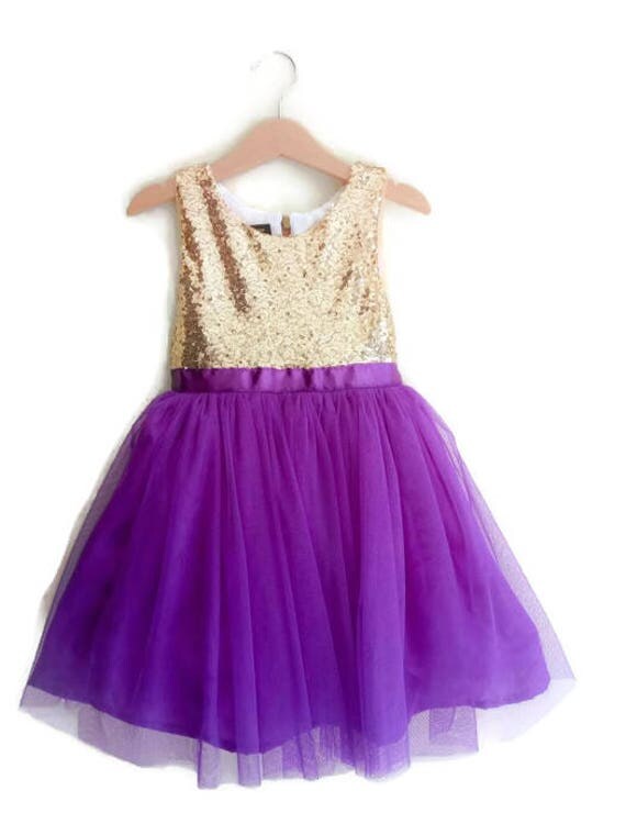 Gold and Purple flower girl's dress gold sequined and