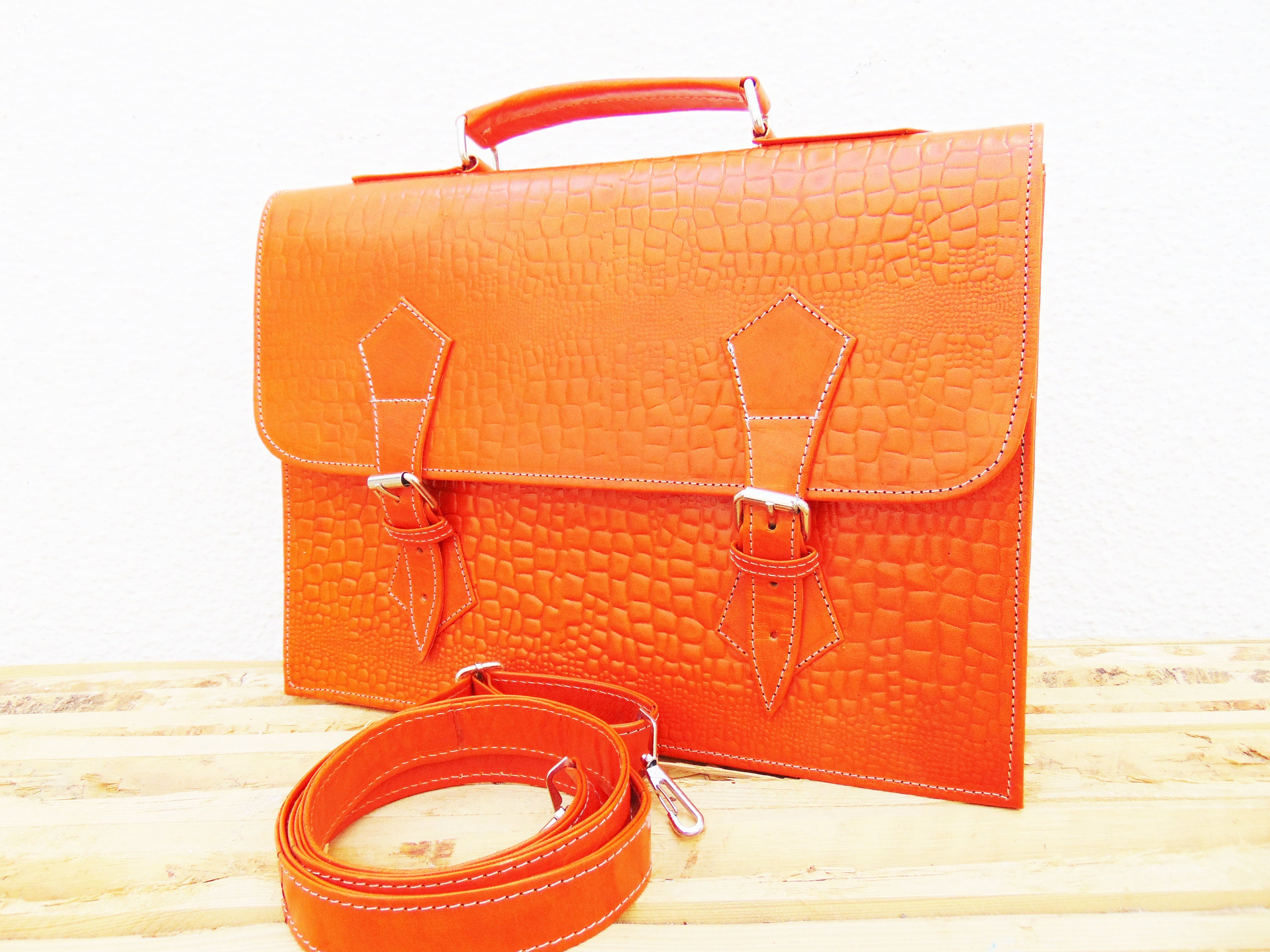 Orange Leather Messenger Bag for Women Macbook Air Pro Laptop