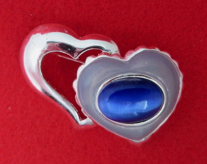 AAI Blue Heart Brooch, Blue Cat's Eye Brooch, Signed AAI Pin, Vintage Enamel Hearts Pin, Silvertone Double Heart Pin