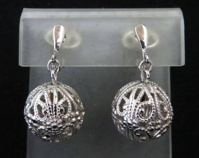 Trifari Dangling Ball Earrings | Vintage Filigree Clip-ons | Signed Designer Silver Tone Earrings