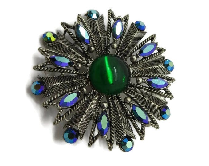 Vintage Emerald Rhinestone Brooch, Signed Weiss Green and AB Rhinestone Silver Tone Brooch