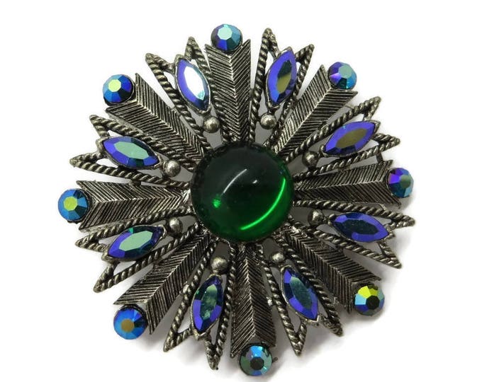 Vintage Emerald Rhinestone Brooch, Signed Weiss Green and AB Rhinestone Silver Tone Brooch