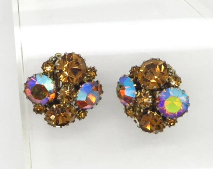 Rhinestone Cluster Earrings, Vintage Weiss Cognac Rhinestone Earrings, Cluster Clip-on Earrings, Gift for Her