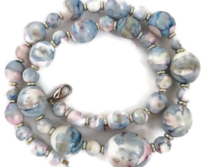 Vintage Blue Beaded Necklace - Blue and Pink Abstract Design Graduated Bead Necklace, Gift for Her