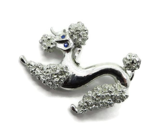 Gerry's French Poodle Brooch, Vintage Silver Tone Poodle Pin, Blue Rhinestone Eyes Signed Gerry's Pin, Gift for Her