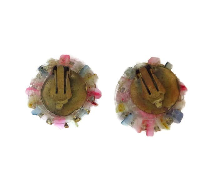 Pink Glass Japan Earrings, Vintage Shell and Glass Cluster Bead Clip-on Earrings, 1960s Jewelry
