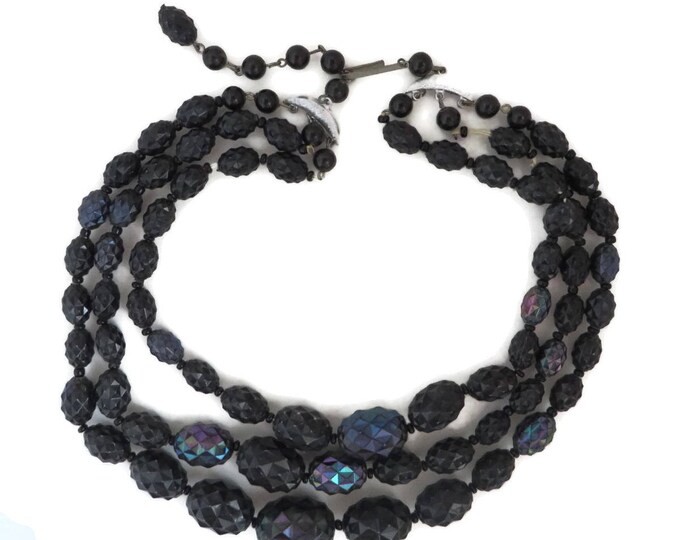 Black Bead Jewelry Set, Necklace & Earrings, West Germany Demi Parure, Multi Strand Necklace, Clip-on Earrings, Gift for Her