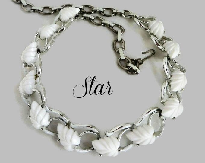 White Leaf Necklace, Vintage Signed Star Silver Tone Choker, Gift for Her, Gift Box