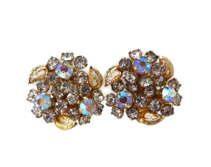 Rhinestone Bridal Earrings - Vintage Rhinestone Gold Tone Flower Clip-ons, Gift for Her, Gift Boxed