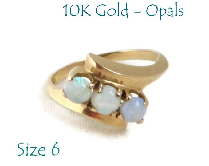 Genuine Opals Ring, 10K Gold Ring, Three Stone Natural Opal Ring, Birthday Gift for Her, Size 6