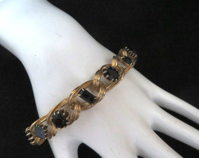 Black Rhinestone Bracelet - Vintage Gold Tone Chain Link Bracelet, Gift for Her