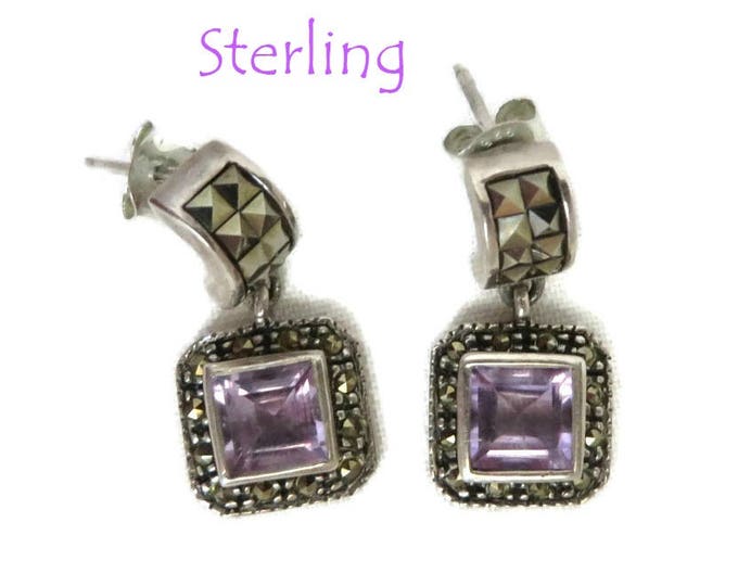 Sterling 925 Amethyst Glass Earrings, Vintage Dangling Pierced Studs