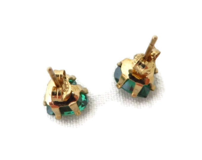 14K Gold Earrings, Emerald CZ Pierced Earrings, Vintage Heart Earrings, Pierced Studs, May Birthday, Gift for Her