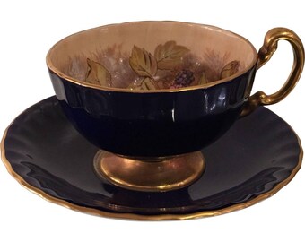 Vintage Aynsley Cobalt Blue Orchard Fruit Tea Cup & Saucer Set
