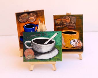 Mini canvas set Set of 3 Original painting Easel included Miniature painting Coffee cup painting Set of 3 paintings Mini art Tiny art canvas
