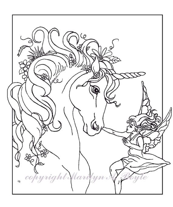 ADULT COLORING PAGE fantasy unicorn fairy digital