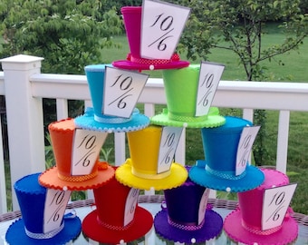Alice in Wonderland Photo Props, Mad Hatter Tea Party Decorations, 10 Colorful Medium Felt Top Hats (4.5" Tall) - Birthday, Bridal Shower