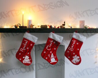 Personalized Christmas Stocking, BELLS & HOLLY and small Snowflakes, Santa Sack, Personalised Decoration, Custom Xmas Sock with ONE Name