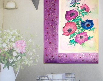 Contemporary art, original painting on canvas (15,7 x 19,7 in) acrylic painting flowers "Anémones" framed on 2 sides of painted embroideries