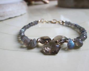Smokey quartz / blue flash labradorite/ bracelet/ 14 kt GF/ Gift for Her/ Modern/arm candy