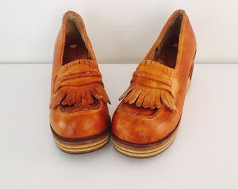 70s Clogs Platform Wedge Wood Cut Out Heel Leather Wooden Shoes Size 7.5 M 37 38