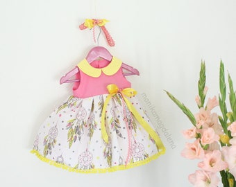 Baby girl dress whith headband " Dream Catcher " made entirely of cotton fabric with sweet yellow pompons
