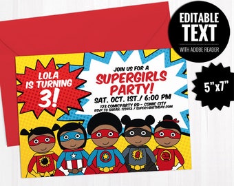 African American Supergirl Invitation Template. Printable Comic Book Invite. Girl Birthday Party Editable Invitation. Baby Shower Download