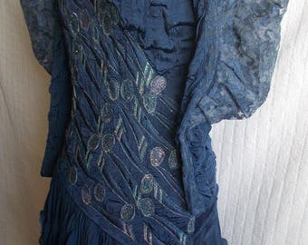 Ann Bolon Vintage designer dress-leaf design embroidery, ruffled skirt, size 12