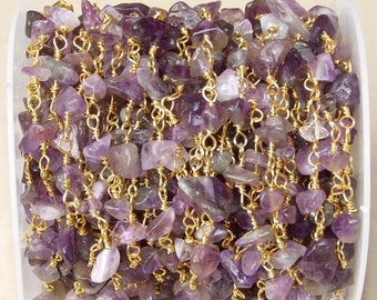 Amethyst Rosary Chain - Gold Plated Wire Wrapped Rosary Chain. 6mm - 12mm Chips - Sold by the Foot