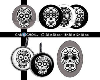 Mexican Skull V • 60 Images Digitales RONDES 25 et 20 mm OVALES 18x25 13x18 mm digital sheet sugar skulls mexicana crane tete de mort muerte