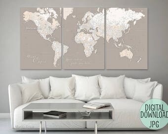 PRINTABLE World map for printing a canvas print, custom quote, large push pin world map, multi panel canvas map, highly detailed. map155 011