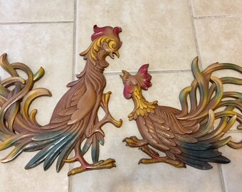 Pair of Syroco Rooster Wall Plaques, 1965