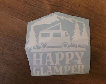 Happy Glamper RV car or laptop decal, camping decal, decal with mountains, camper decor