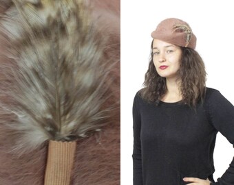 Vintage womens hat, Pillbox hat, Brown pillbox hat, Cloche hat, Feather hat, Womens winter hats, Winter pillbox hat, Warm winter hat, Womens