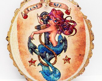 Large Wood Slice Mermaid With Anchor, Lost At Sea, Gift Tag, Mermaid Glitter Tag, Wood Glitter Tag, Mermaid Lover Gift, Mythical Gift