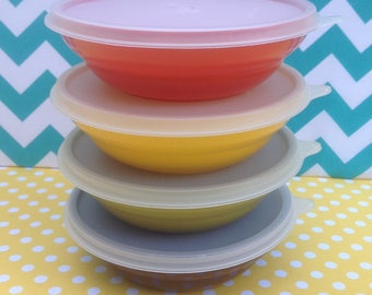 NOS Tupperware bowls with lids, new and unused, harvest colors, cereal bowls, orange green yellow brown