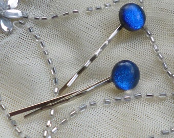 Deep Blue Dichroic Glass Bobby Pins. Deep Blue Glass Hair Pins. Fused Glass Hair Clips. Set of 2 Bobby Pins