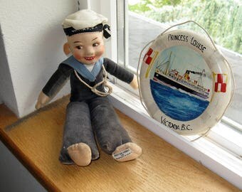 1930's Norah Wellings 11" Sailor Doll souvenir of Victoria B.C. and the Ship, the Princess Louise, Hand Painted souvenir life preserver