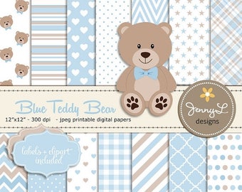 50% OFF Blue Teddy Bear Digital papers, Teddy Bear clipart, Baby Shower, Baptism, Nursery, Scrapbooking Papers, Birthday, Baby Boy, Blue and