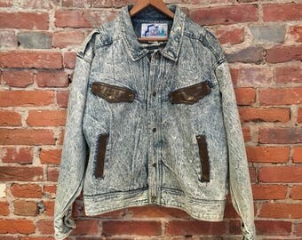 Vintage Acid Washed Denim Jacket with Brown Leather Detailing by Big Country Medium/Small