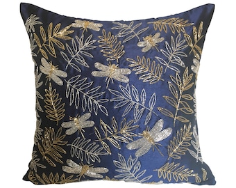 Navy Throw Pillow Cover, Dragonfly Pillow