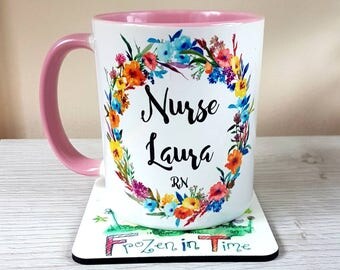 Personalised name mug floral wreath personalized mug custom coffee mug Nurse gift tea mug Gift for her doctor mug gift wildflower
