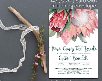 Protea Bridal Shower invitation, Bachelorette party invitation, Watercolor Bridal shower, wedding shower invitation, Protea bridal shower