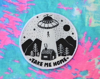 UFO Iron On Patch, Alien Abduction Patch, Take Me Home Canvas Patch