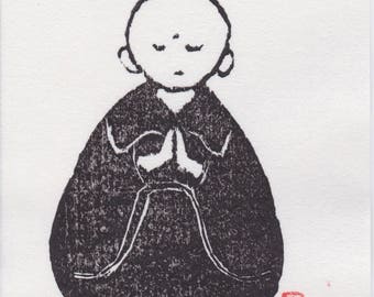 Baby Jizo. Buddha. Woodblock print. Hand-pulled Japanese Woodcut. Original Print. Buddha Statue. Praying Monk. Bodhisattva.