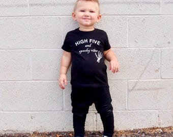 halloween shirt for boys, boys halloween shirt, boys halloween outfit, halloween outfit for boys, high five and spooky vibes